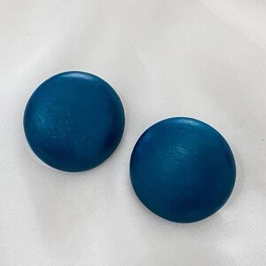 VTG Blue Wood Round Large Clip Earrings